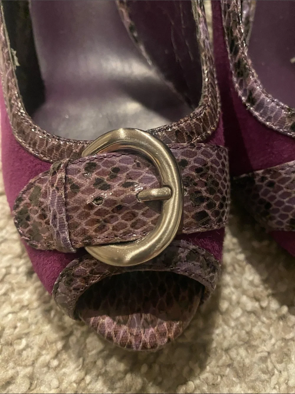 Nine West Purple Suede Peep-Toe Pumps with Snakeskin Accent and Gold Buckle